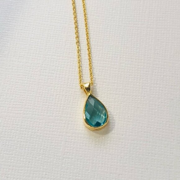 Gold Plated Swiss Blue Quartz Teardrop Pear Shape Necklace - Picture 3 of 9